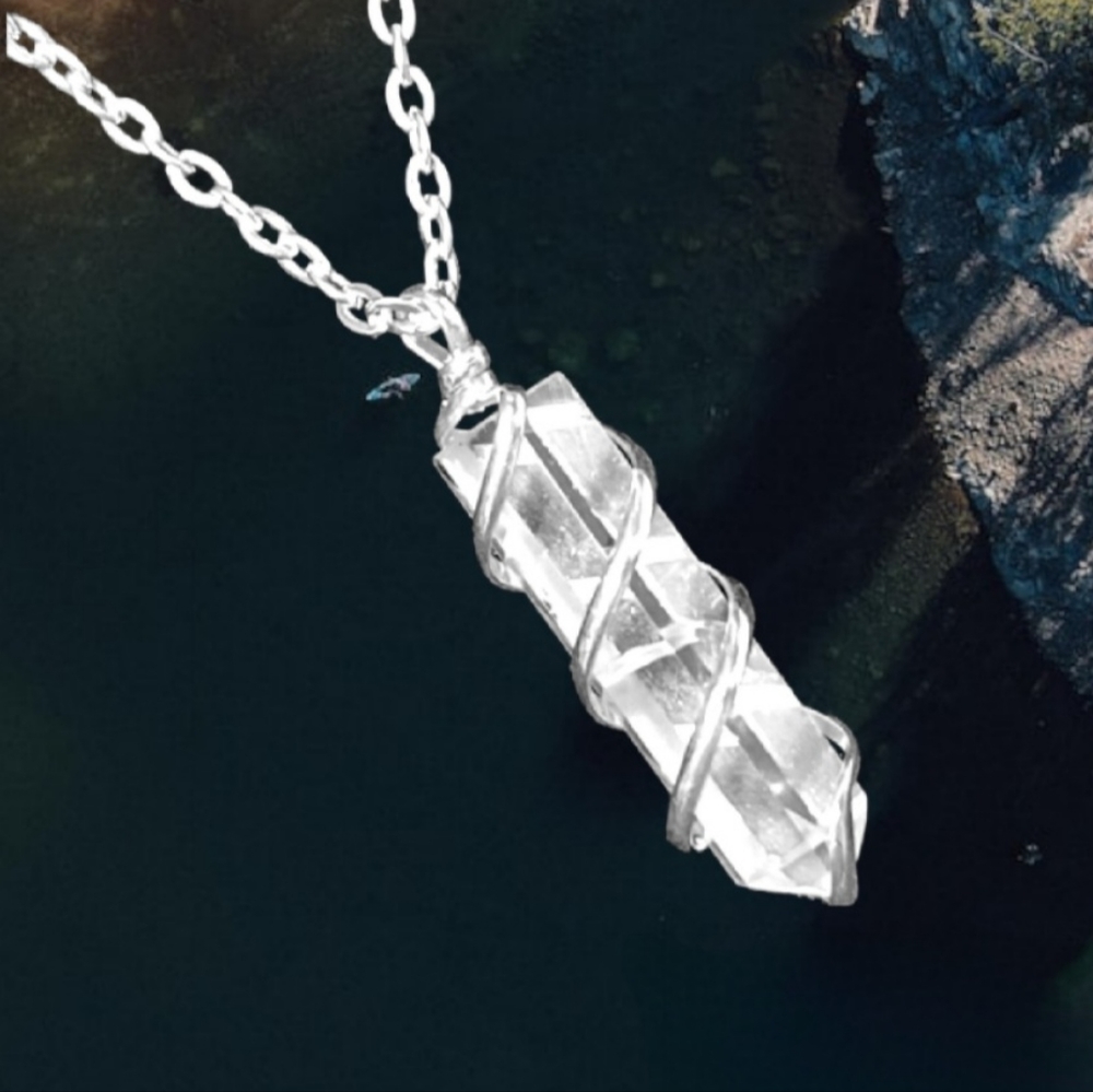 Spiral Wire Wrapped Crystal Necklace, Quartz Crystal Natural Gemstone Necklace